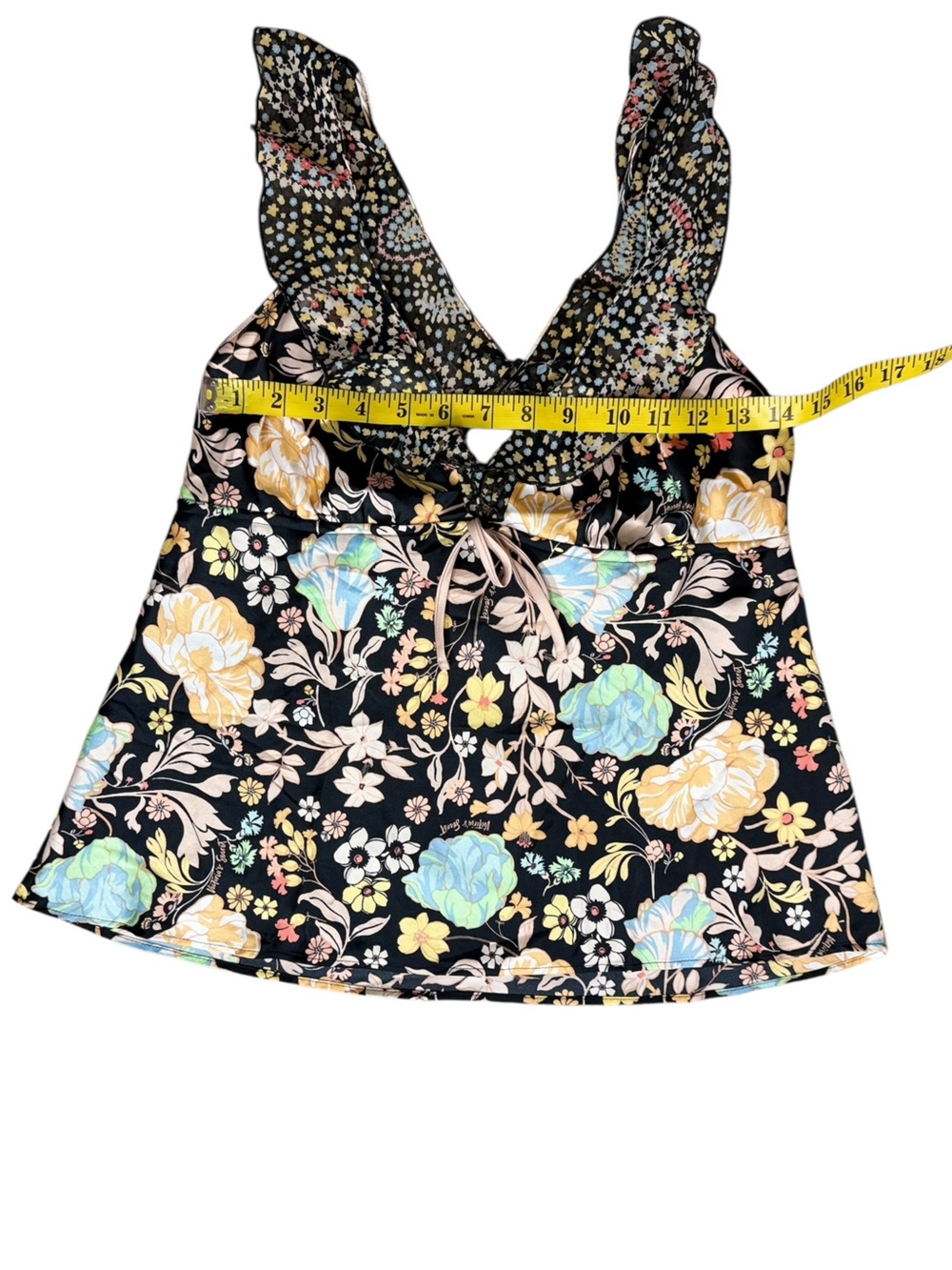 Victoria's Secret Satin Black Floral  with Pastel Blooms Flounce Pajama Set - Picture 5 of 10